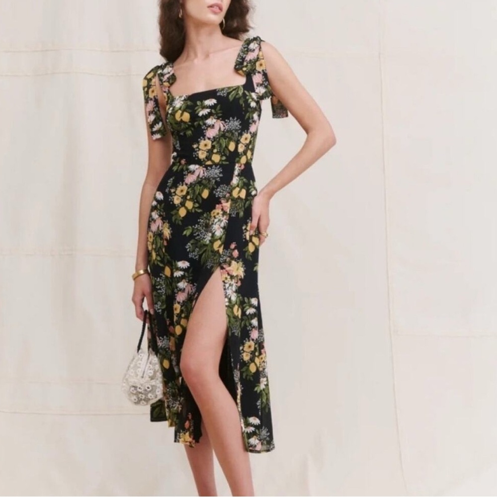 Reformation Yellow Gold Asymmetrical Ruffled Midi Dress